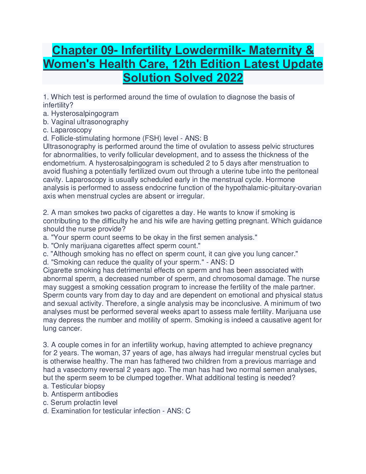 Preview of Chapter 09- Infertility Lowdermilk- Maternity &  Women's Health Care, 12th Edition Latest